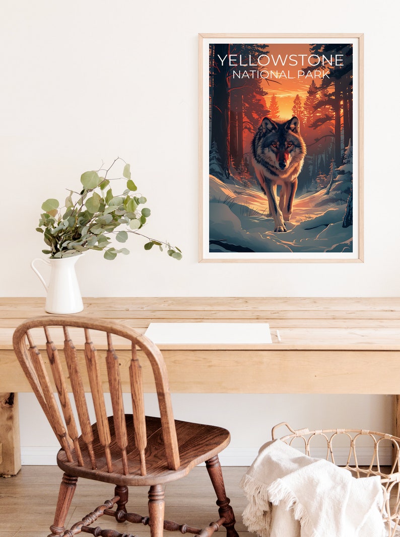 Affiche du parc national de Yellowstone, affiche du Wyoming, affiche du loup, affiche de Yellowstone, impression de loup, impression du Wyoming, impression de Yellowstone