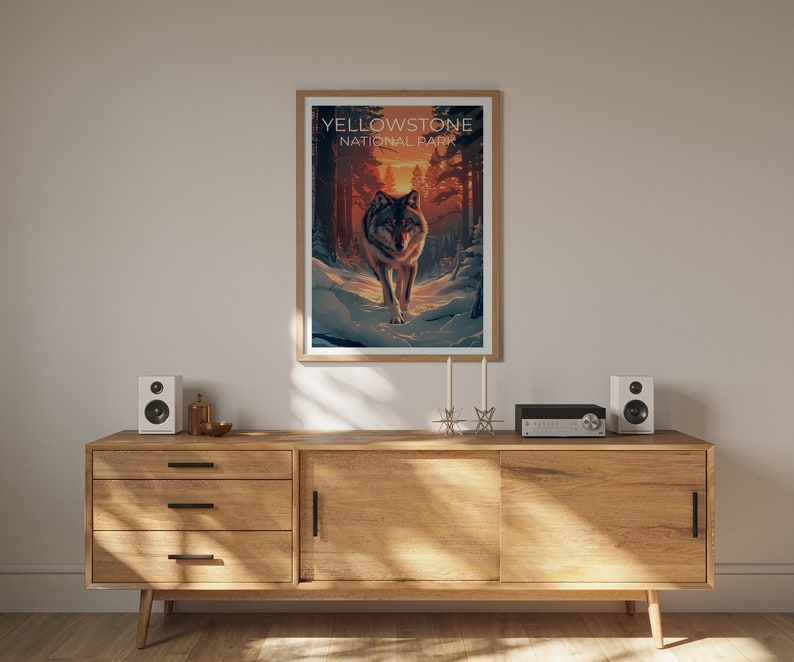 Affiche du parc national de Yellowstone, affiche du Wyoming, affiche du loup, affiche de Yellowstone, impression de loup, impression du Wyoming, impression de Yellowstone