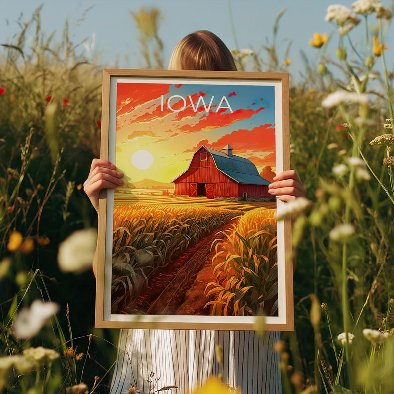 Iowa Travel Print, Farmland Poster, Red Barn Wall Art, Countryside Illustration, Iowa Poster, Home Decor, Birthday Gift
