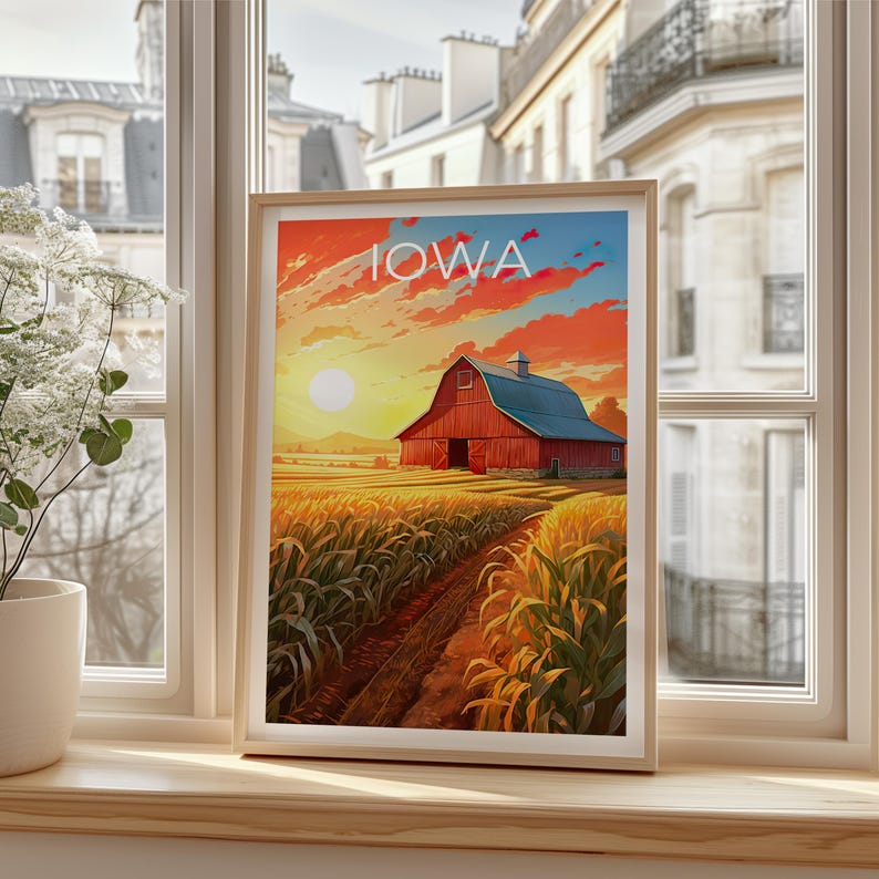 Iowa Travel Print, Farmland Poster, Red Barn Wall Art, Countryside Illustration, Iowa Poster, Home Decor, Birthday Gift