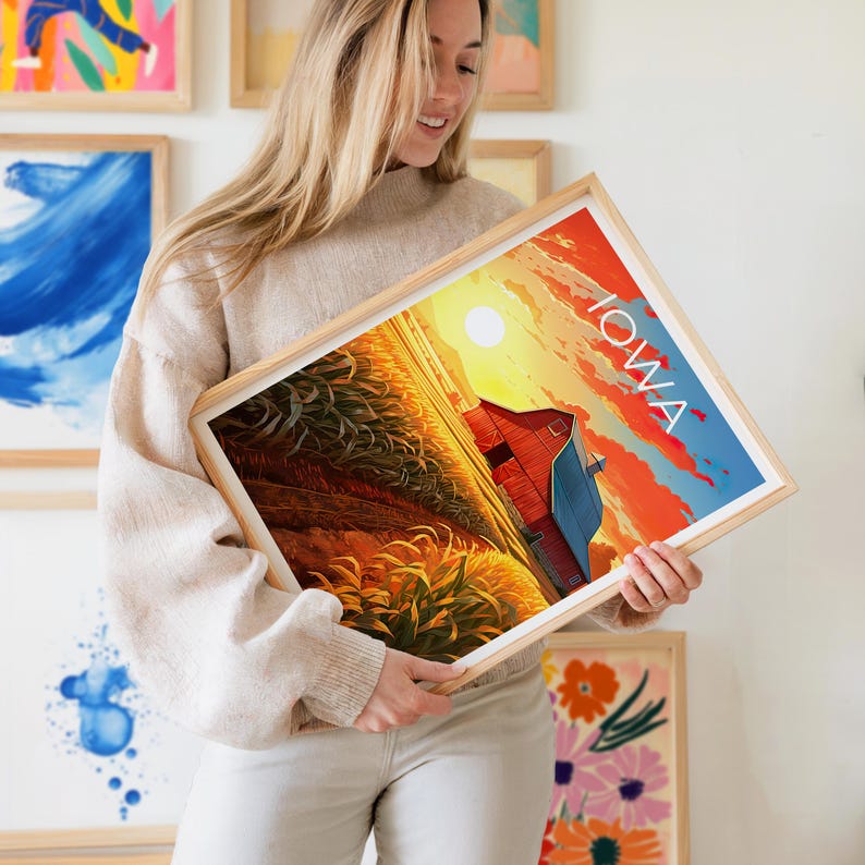 Iowa Travel Print, Farmland Poster, Red Barn Wall Art, Countryside Illustration, Iowa Poster, Home Decor, Birthday Gift