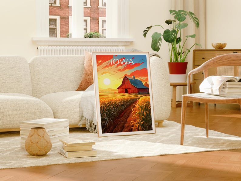 Iowa Travel Print, Farmland Poster, Red Barn Wall Art, Countryside Illustration, Iowa Poster, Home Decor, Birthday Gift