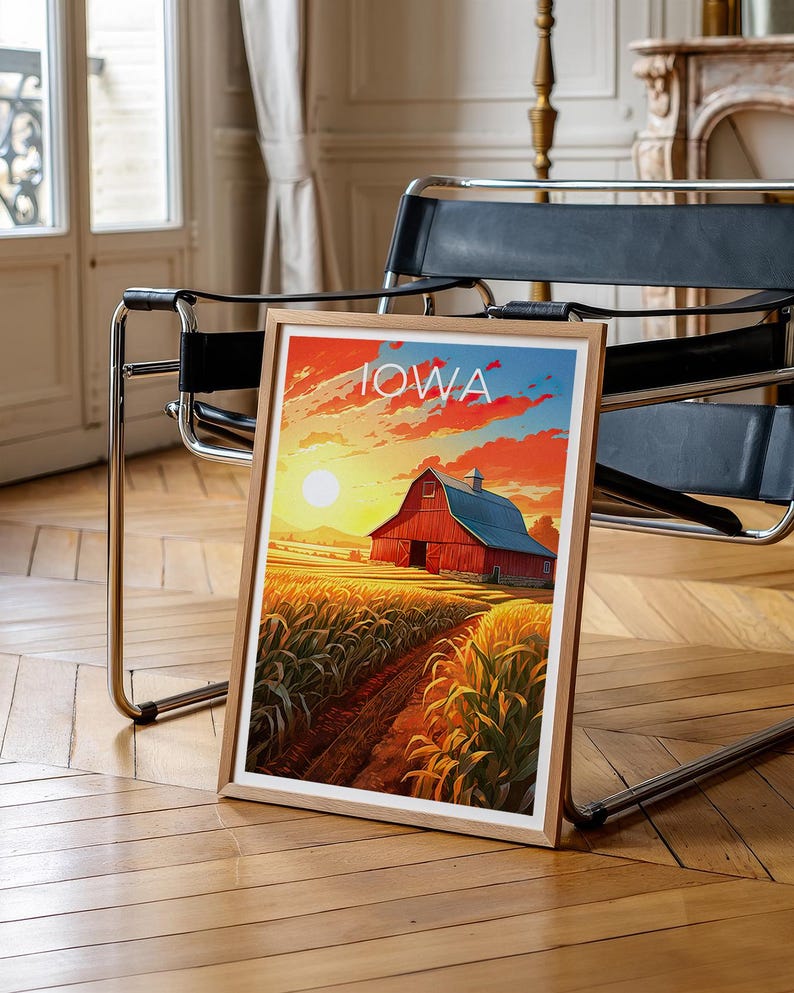 Iowa Travel Print, Farmland Poster, Red Barn Wall Art, Countryside Illustration, Iowa Poster, Home Decor, Birthday Gift