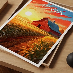Iowa Travel Print, Farmland Poster, Red Barn Wall Art, Countryside Illustration, Iowa Poster, Home Decor, Birthday Gift