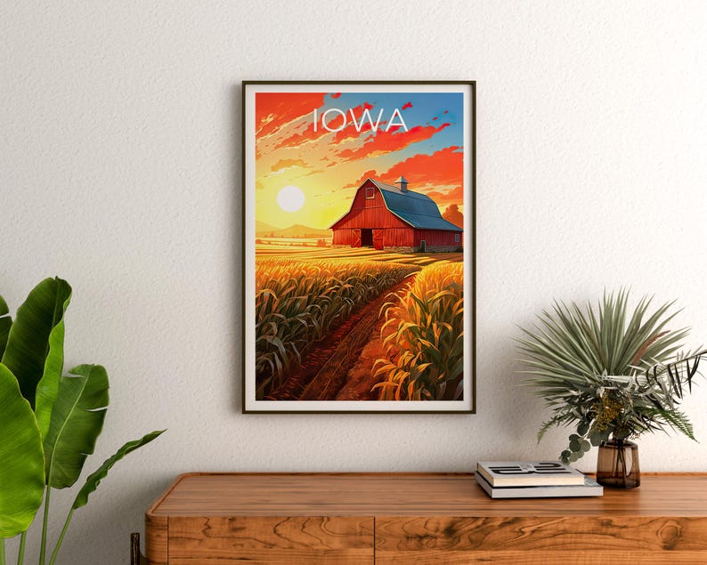 Iowa Travel Print, Farmland Poster, Red Barn Wall Art, Countryside Illustration, Iowa Poster, Home Decor, Birthday Gift