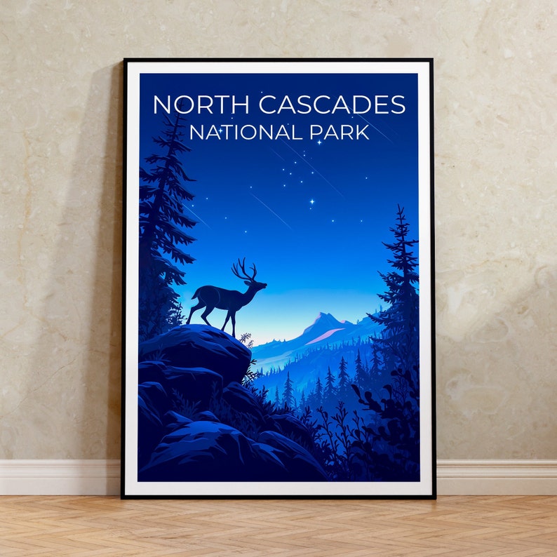 Affiche du parc national des North Cascades, impression de Washington, art de Washington, impression de cerf, affiche de voyage des Cascades, affiche de cerf, affiche de forêt