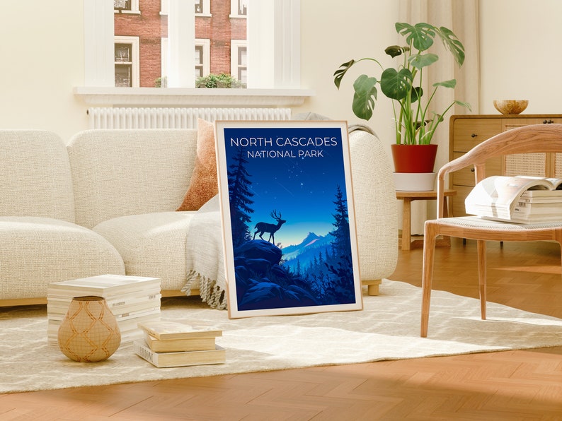 Affiche du parc national des North Cascades, impression de Washington, art de Washington, impression de cerf, affiche de voyage des Cascades, affiche de cerf, affiche de forêt