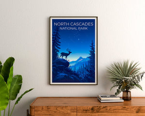 Affiche du parc national des North Cascades, impression de Washington, art de Washington, impression de cerf, affiche de voyage des Cascades, affiche de cerf, affiche de forêt