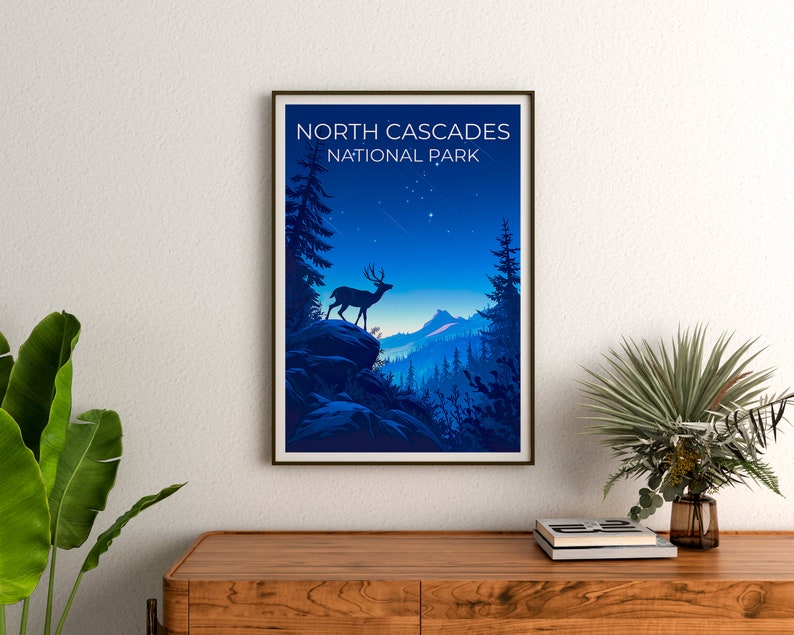 Affiche du parc national des North Cascades, impression de Washington, art de Washington, impression de cerf, affiche de voyage des Cascades, affiche de cerf, affiche de forêt