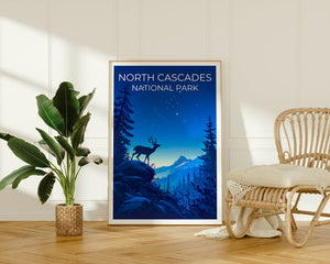 Affiche du parc national des North Cascades, impression de Washington, art de Washington, impression de cerf, affiche de voyage des Cascades, affiche de cerf, affiche de forêt