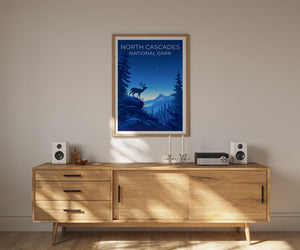 Affiche du parc national des North Cascades, impression de Washington, art de Washington, impression de cerf, affiche de voyage des Cascades, affiche de cerf, affiche de forêt