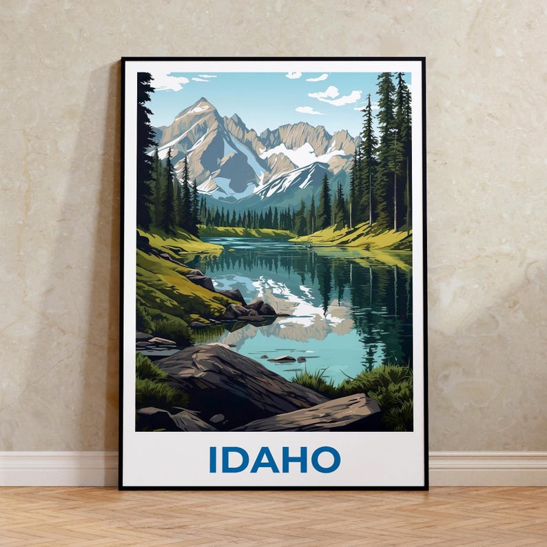 Idaho Travel Print Nature Poster Sawtooth Mountains Wall Art Forest Illustration Idaho Poster Home Decor Birthday Gift