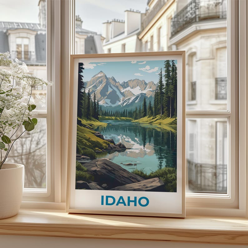 Idaho Travel Print Nature Poster Sawtooth Mountains Wall Art Forest Illustration Idaho Poster Home Decor Birthday Gift
