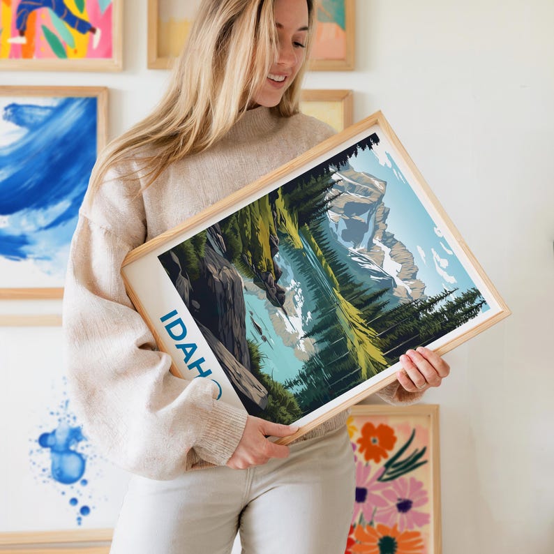 Idaho Travel Print Nature Poster Sawtooth Mountains Wall Art Forest Illustration Idaho Poster Home Decor Birthday Gift