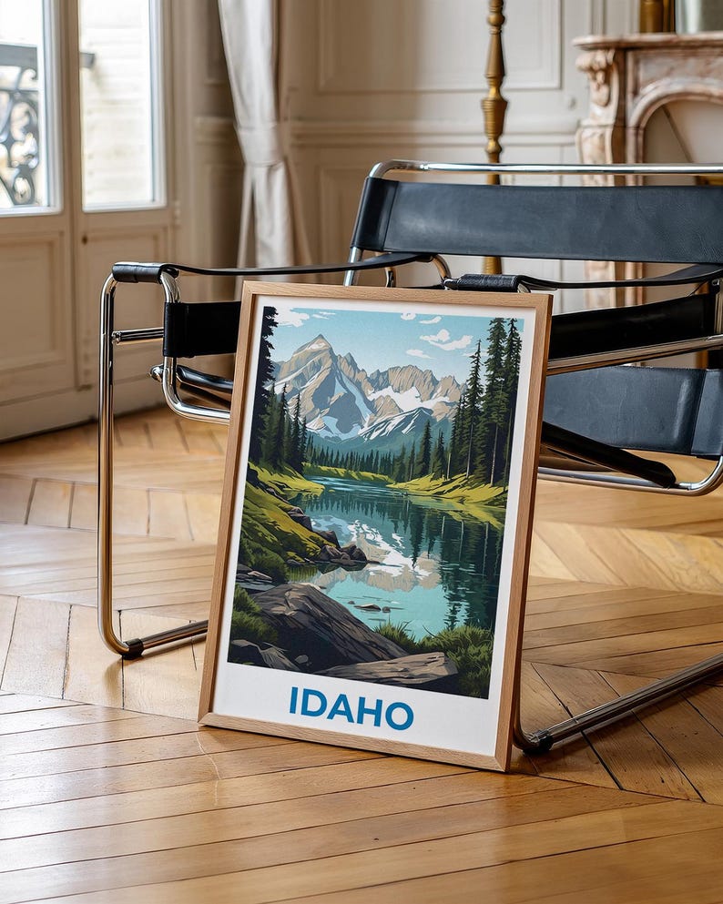 Idaho Travel Print Nature Poster Sawtooth Mountains Wall Art Forest Illustration Idaho Poster Home Decor Birthday Gift