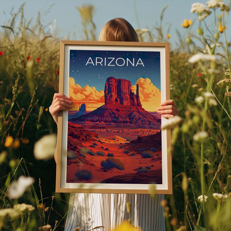 Arizona Travel Print, Monument Valley Poster, Southwest Wall Art, Desert Illustration, Arizona Poster, Home Decor, Birthday Gift