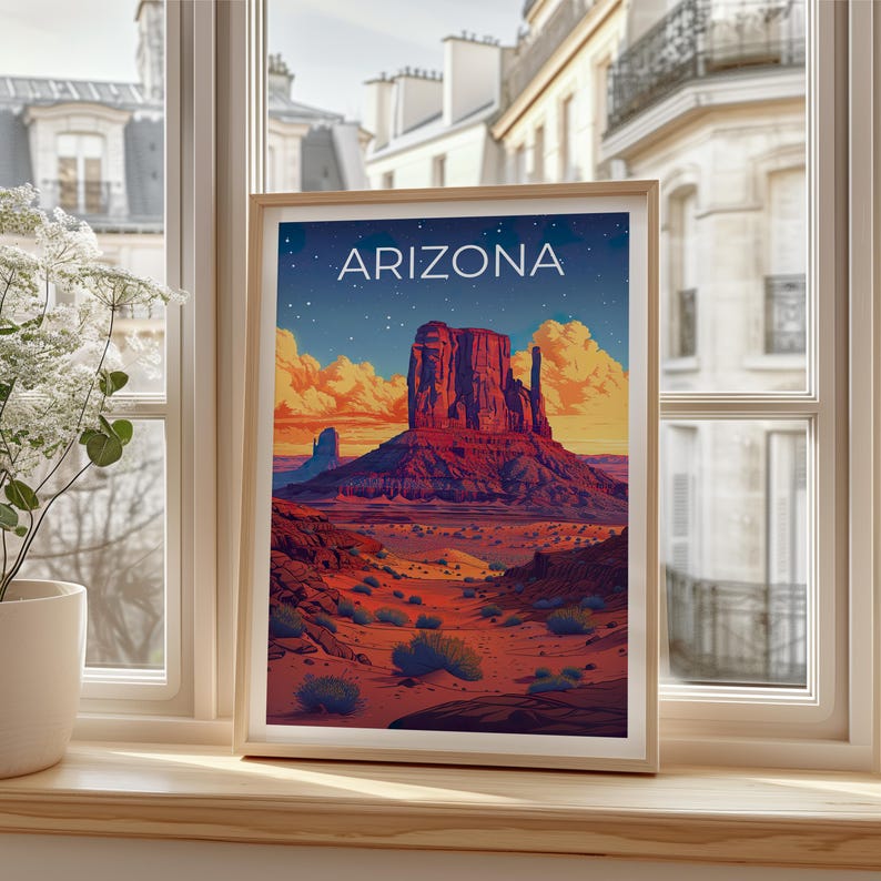 Arizona Travel Print, Monument Valley Poster, Southwest Wall Art, Desert Illustration, Arizona Poster, Home Decor, Birthday Gift