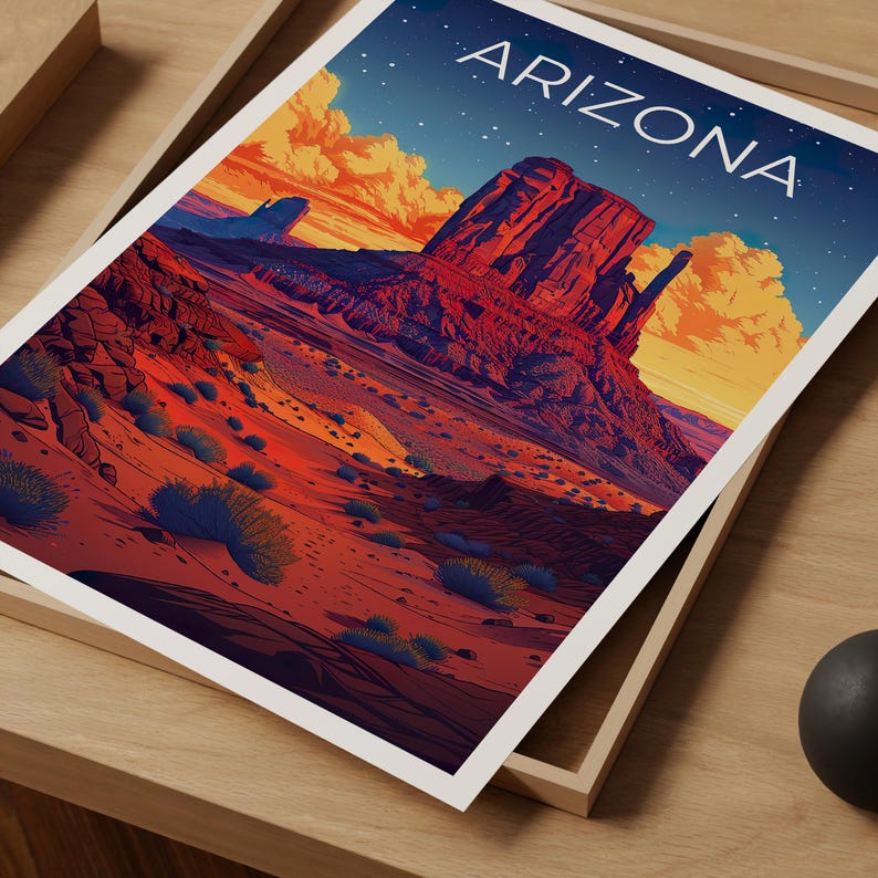 Arizona Travel Print, Monument Valley Poster, Southwest Wall Art, Desert Illustration, Arizona Poster, Home Decor, Birthday Gift