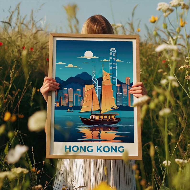 Hong Kong Travel Print Victoria Harbour Poster China Wall Art Asia Illustration Hong Kong Poster Home Decor Birthday Gift