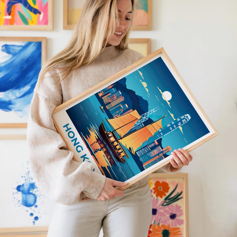 Hong Kong Travel Print Victoria Harbour Poster China Wall Art Asia Illustration Hong Kong Poster Home Decor Birthday Gift