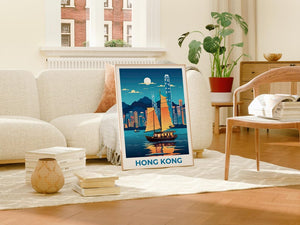 Hong Kong Travel Print Victoria Harbour Poster China Wall Art Asia Illustration Hong Kong Poster Home Decor Birthday Gift