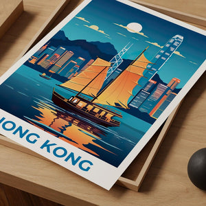 Hong Kong Travel Print Victoria Harbour Poster China Wall Art Asia Illustration Hong Kong Poster Home Decor Birthday Gift