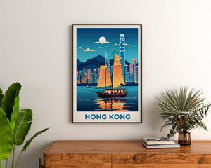Hong Kong Travel Print Victoria Harbour Poster China Wall Art Asia Illustration Hong Kong Poster Home Decor Birthday Gift