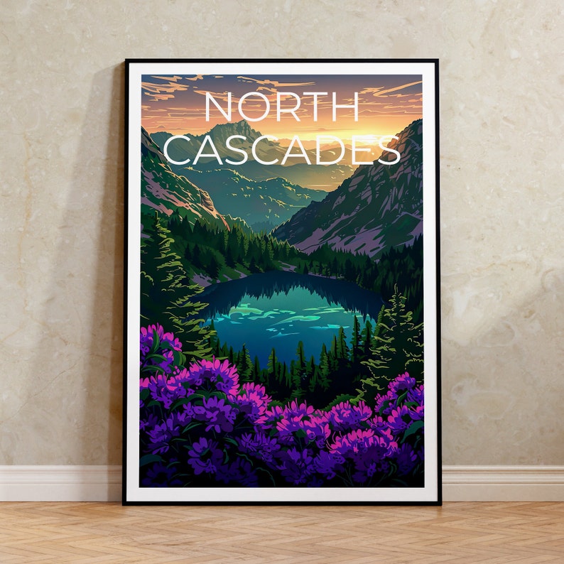 Affiche du parc national des North Cascades, impression de Washington, art de Washington, impression des North Cascades, affiche de voyage des Cascades, affiche de montagne