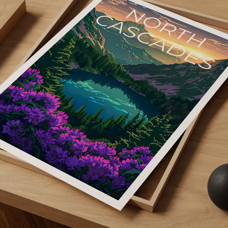 Affiche du parc national des North Cascades, impression de Washington, art de Washington, impression des North Cascades, affiche de voyage des Cascades, affiche de montagne
