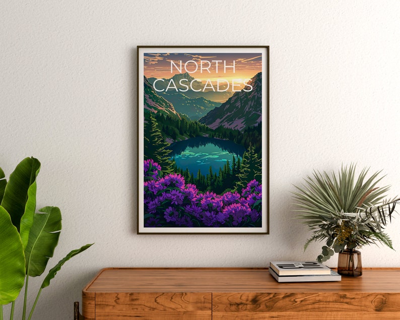 Affiche du parc national des North Cascades, impression de Washington, art de Washington, impression des North Cascades, affiche de voyage des Cascades, affiche de montagne