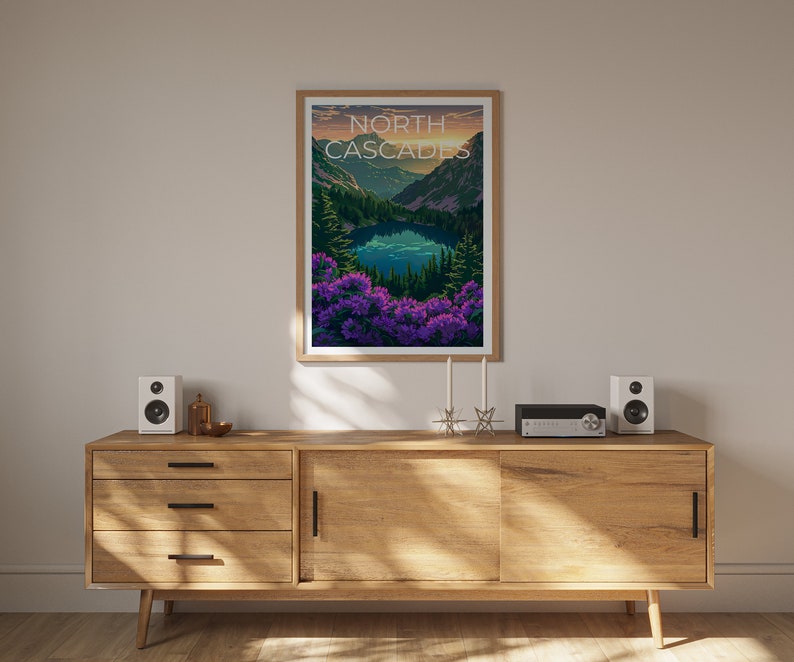 Affiche du parc national des North Cascades, impression de Washington, art de Washington, impression des North Cascades, affiche de voyage des Cascades, affiche de montagne