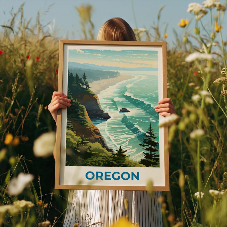 Oregon Travel Print Coast Poster Beach Wall Art West Coast Illustration Oregon Poster Home Decor Birthday Gift