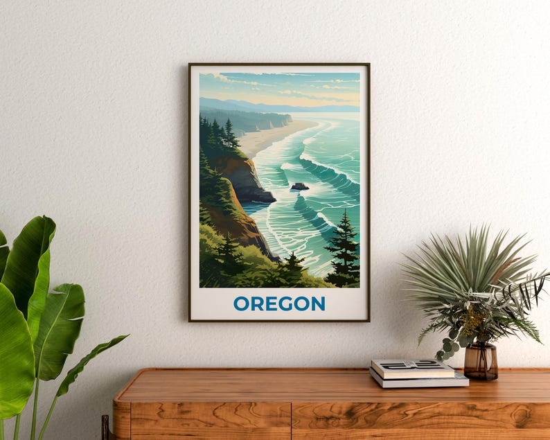 Oregon Travel Print Coast Poster Beach Wall Art West Coast Illustration Oregon Poster Home Decor Birthday Gift