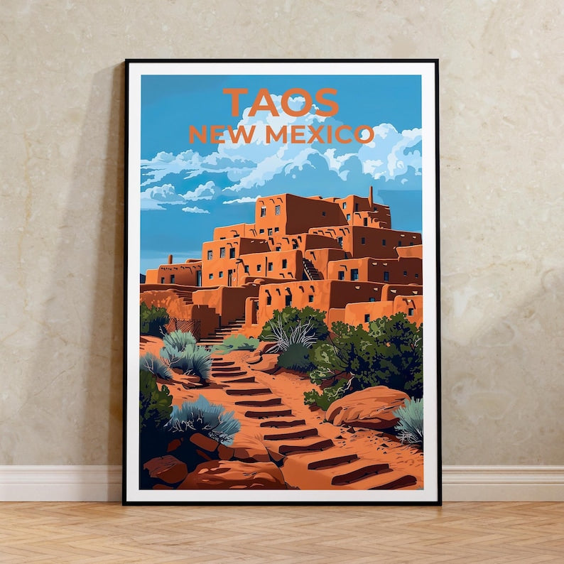 Taos Pueblo Travel Print Taos Poster New Mexico Wall Art Native American Illustration Desert Poster Home Decor Birthday Gift