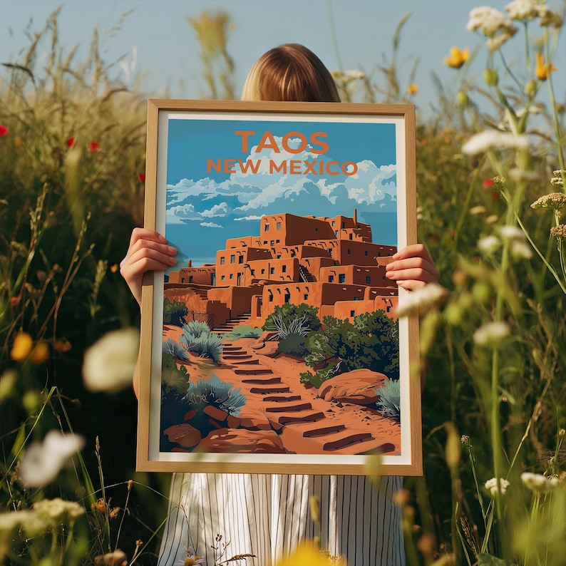 Taos Pueblo Travel Print Taos Poster New Mexico Wall Art Native American Illustration Desert Poster Home Decor Birthday Gift