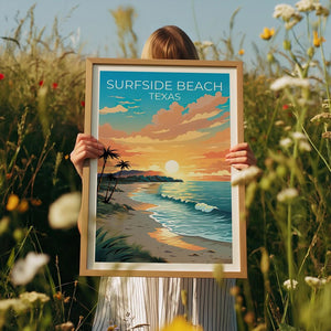 Surfside Beach Travel Print Texas Poster Coastal Wall Art Relaxing Illustration Surfside Beach Poster Home Decor Birthday Gift