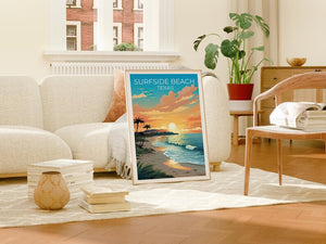 Surfside Beach Travel Print Texas Poster Coastal Wall Art Relaxing Illustration Surfside Beach Poster Home Decor Birthday Gift