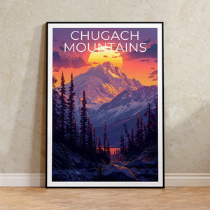 Affiche des montagnes Chugach, Impression des montagnes Chugach, Affiche de l'Alaska, Impression de l'Alaska, Affiche de voyage des montagnes Chugach, Affiche de montagne