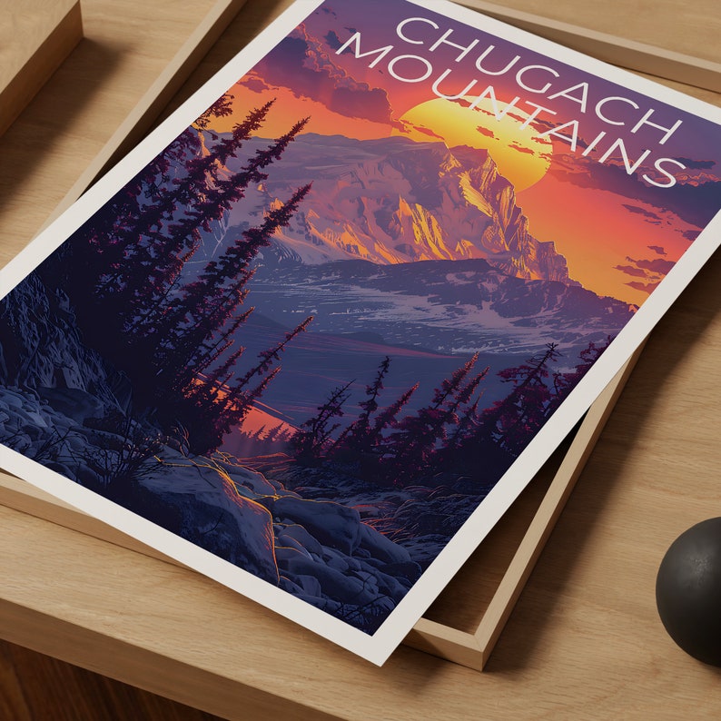 Affiche des montagnes Chugach, Impression des montagnes Chugach, Affiche de l'Alaska, Impression de l'Alaska, Affiche de voyage des montagnes Chugach, Affiche de montagne