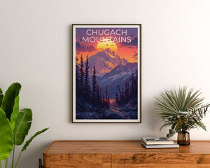 Affiche des montagnes Chugach, Impression des montagnes Chugach, Affiche de l'Alaska, Impression de l'Alaska, Affiche de voyage des montagnes Chugach, Affiche de montagne