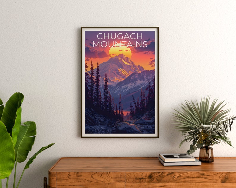 Affiche des montagnes Chugach, Impression des montagnes Chugach, Affiche de l'Alaska, Impression de l'Alaska, Affiche de voyage des montagnes Chugach, Affiche de montagne