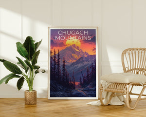 Affiche des montagnes Chugach, Impression des montagnes Chugach, Affiche de l'Alaska, Impression de l'Alaska, Affiche de voyage des montagnes Chugach, Affiche de montagne