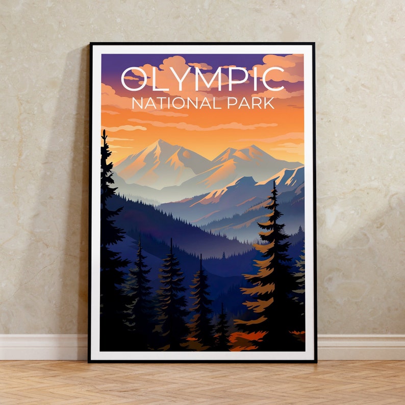 Affiche du parc national olympique, impression du parc national olympique, art de l'État de Washington, impression du mont Olympe, affiche du parc olympique