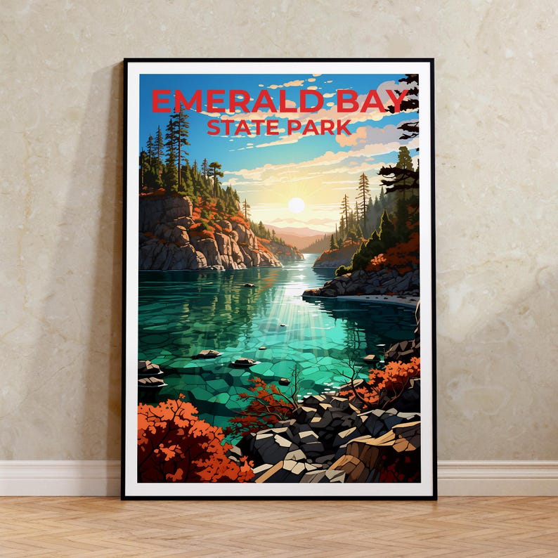 Affiche de voyage Emerald Bay, art mural de Californie, impression de Californie, affiche Emerald Bay, affiche de Californie, affiche de nature, art Emerald Bay