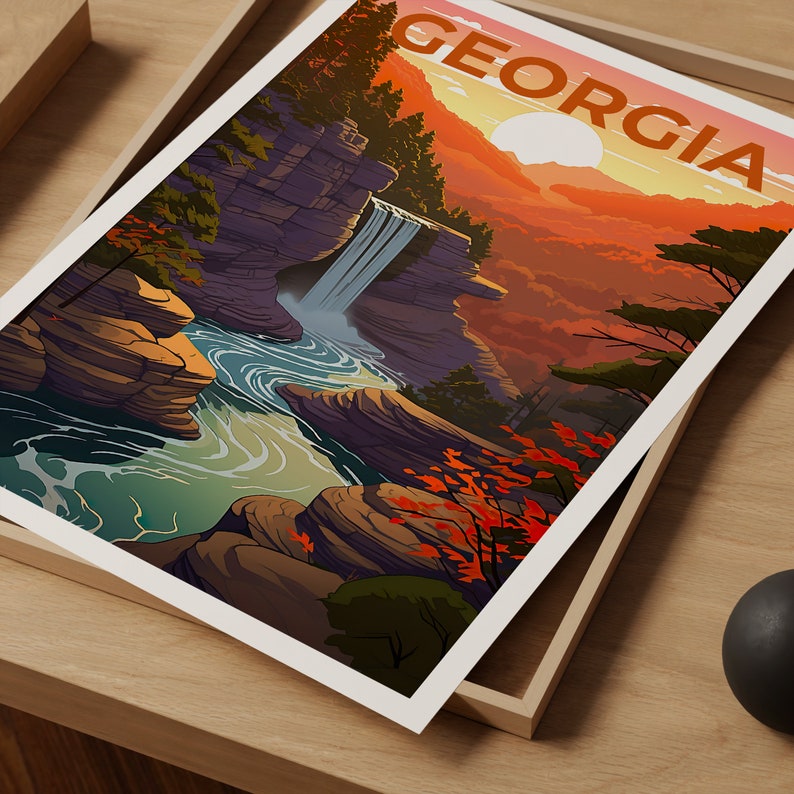 Affiche de voyage en Géorgie, art mural en forêt, impression de forêt, affiche de Géorgie, affiche de cascade, impression de Géorgie, art de Géorgie