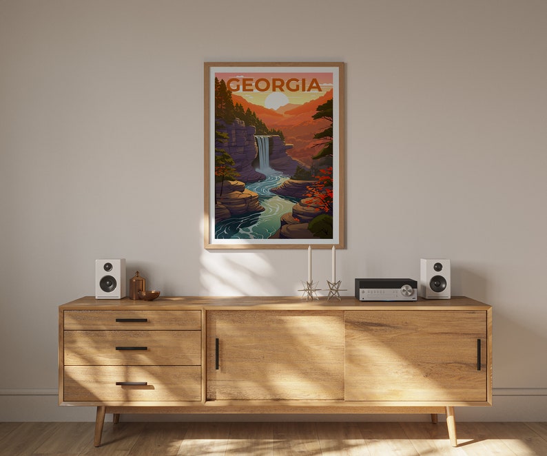 Affiche de voyage en Géorgie, art mural en forêt, impression de forêt, affiche de Géorgie, affiche de cascade, impression de Géorgie, art de Géorgie
