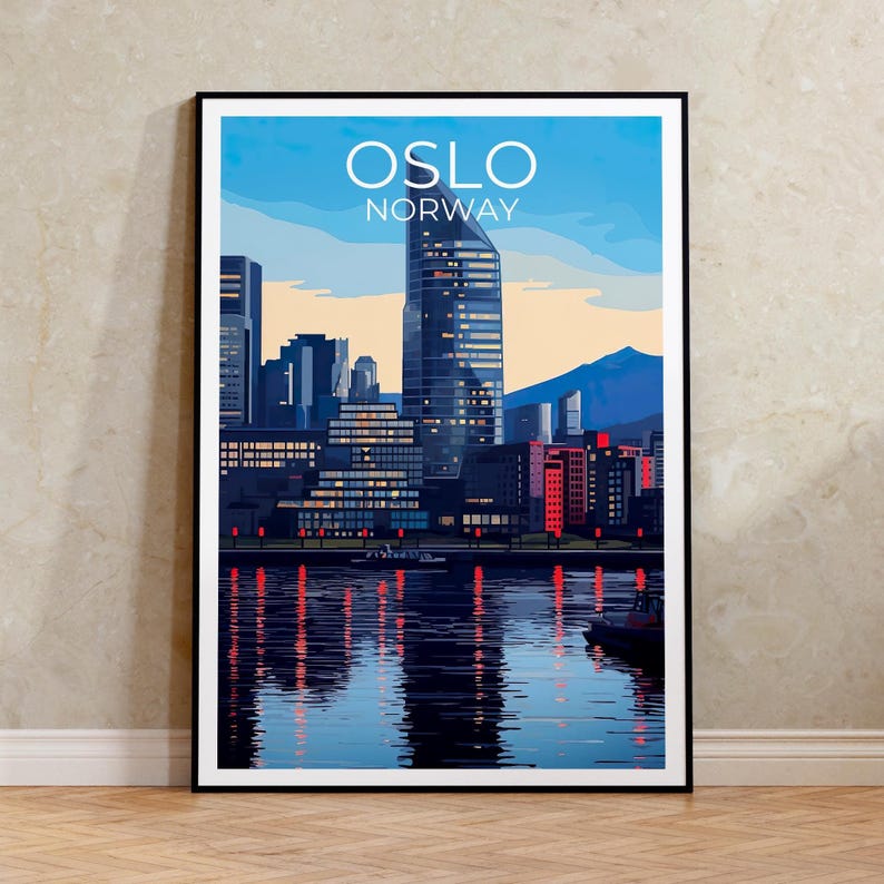 Oslo Travel Print Norway Poster Europe Wall Art Scandinavian Illustration Waterfront Harbor Poster Home Decor Birthday Gift