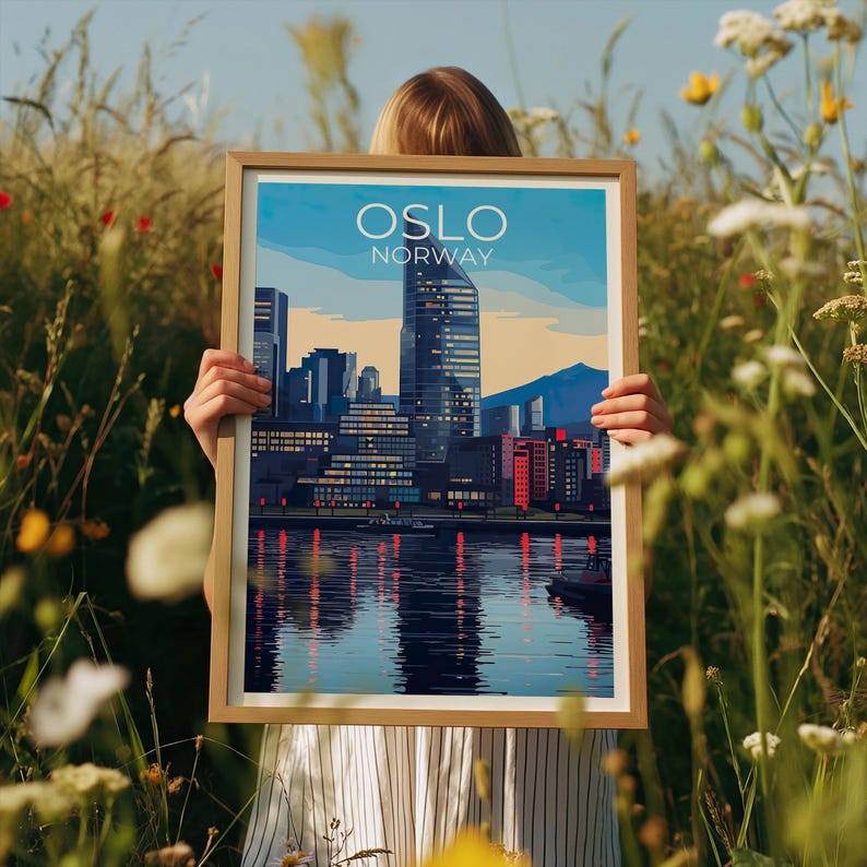 Oslo Travel Print Norway Poster Europe Wall Art Scandinavian Illustration Waterfront Harbor Poster Home Decor Birthday Gift