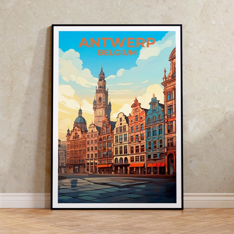 Antwerp Travel Print Belgium Poster European City Wall Art Grote Markt Illustration Antwerp Poster Home Decor Birthday Gift