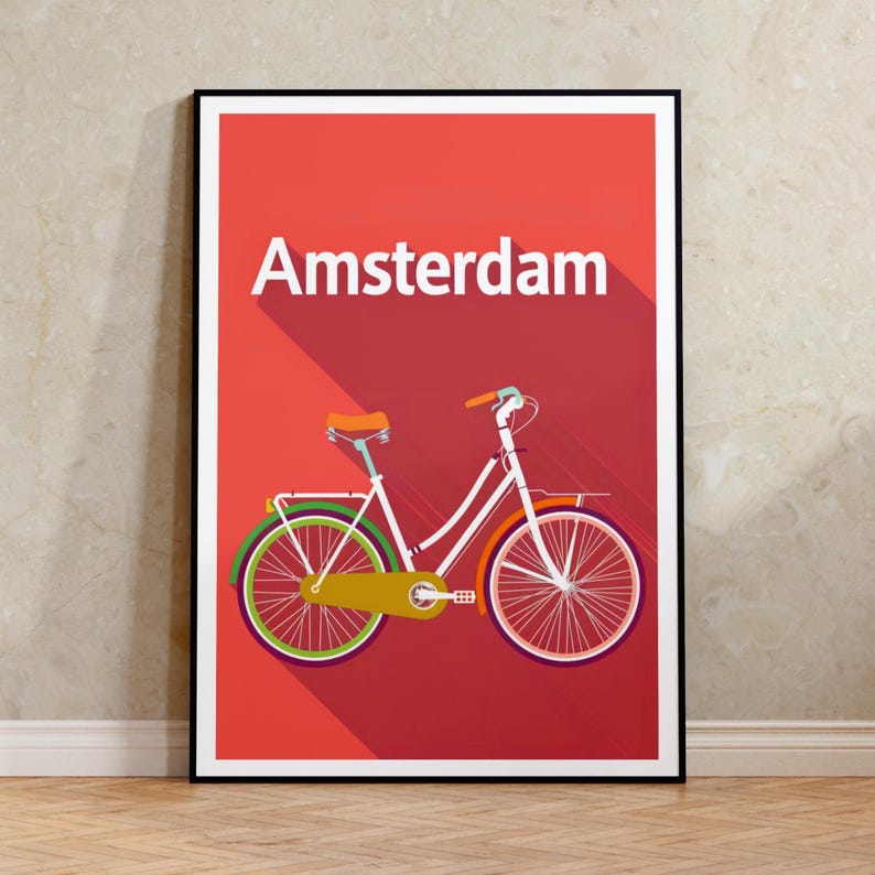 Amsterdam Poster, Netherlands Travel Print, Bicycle Art, Holland Illustration, Europe Poster, Pastel Wall Art, Home Decor, Birthday Gift